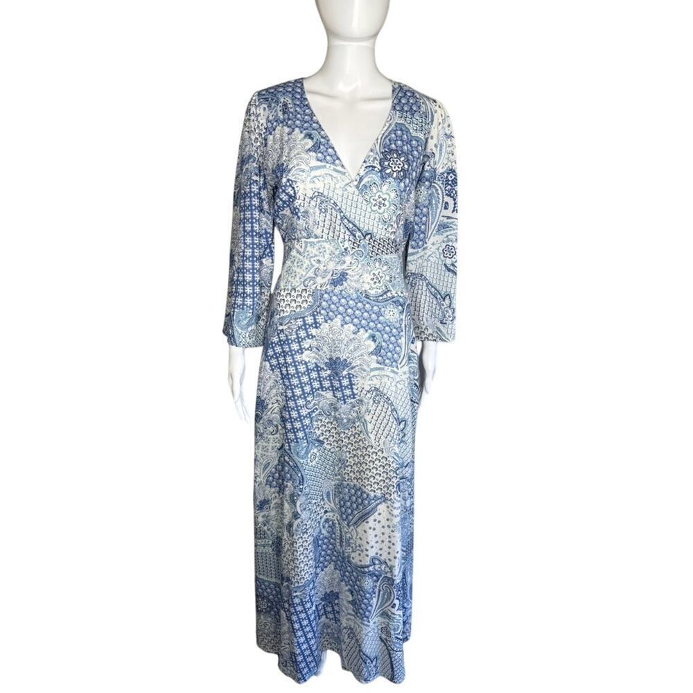 NIBI MTK Blue White Patterned Cotton Sundress with Bell Sleeves XS